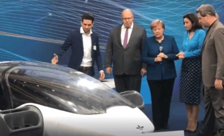 Daniel Wiegand Lilium CEO presents two seater Lilium Jet prototype to Angela Merkel
