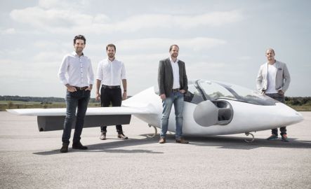 Lilium founders, Daniel Wiegand, Sebastian Born, Matthias Meiner, Patrick Nathen with the two seater Lilium Jet prototype